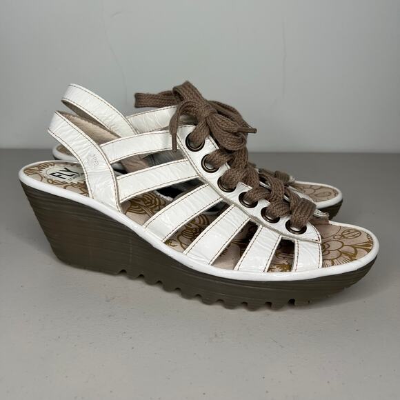 Fly London White Yito Wedge Lace Up Dress Sandals Size 42 - Picture 3 of 10